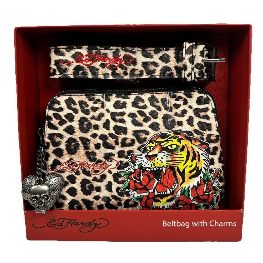 Ed Hardy Leopard Tiger Beltbag with Charms Studded Tattoo Print NWT